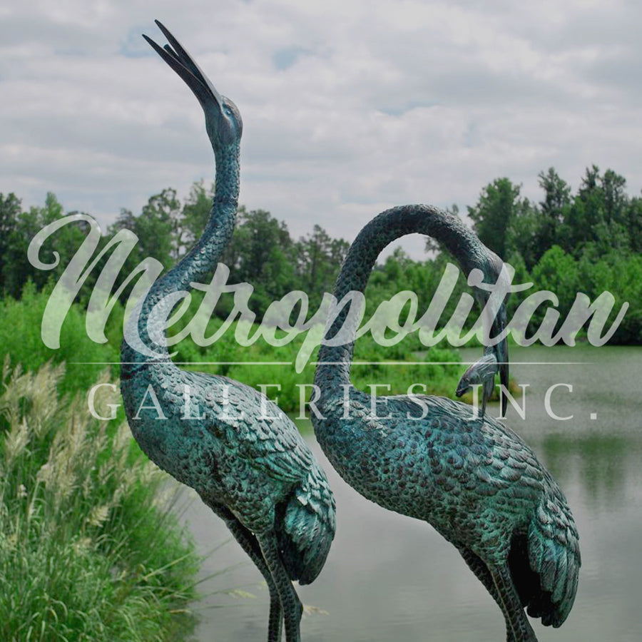 Standing Crane Bird Bronze Fountain Statue Set
