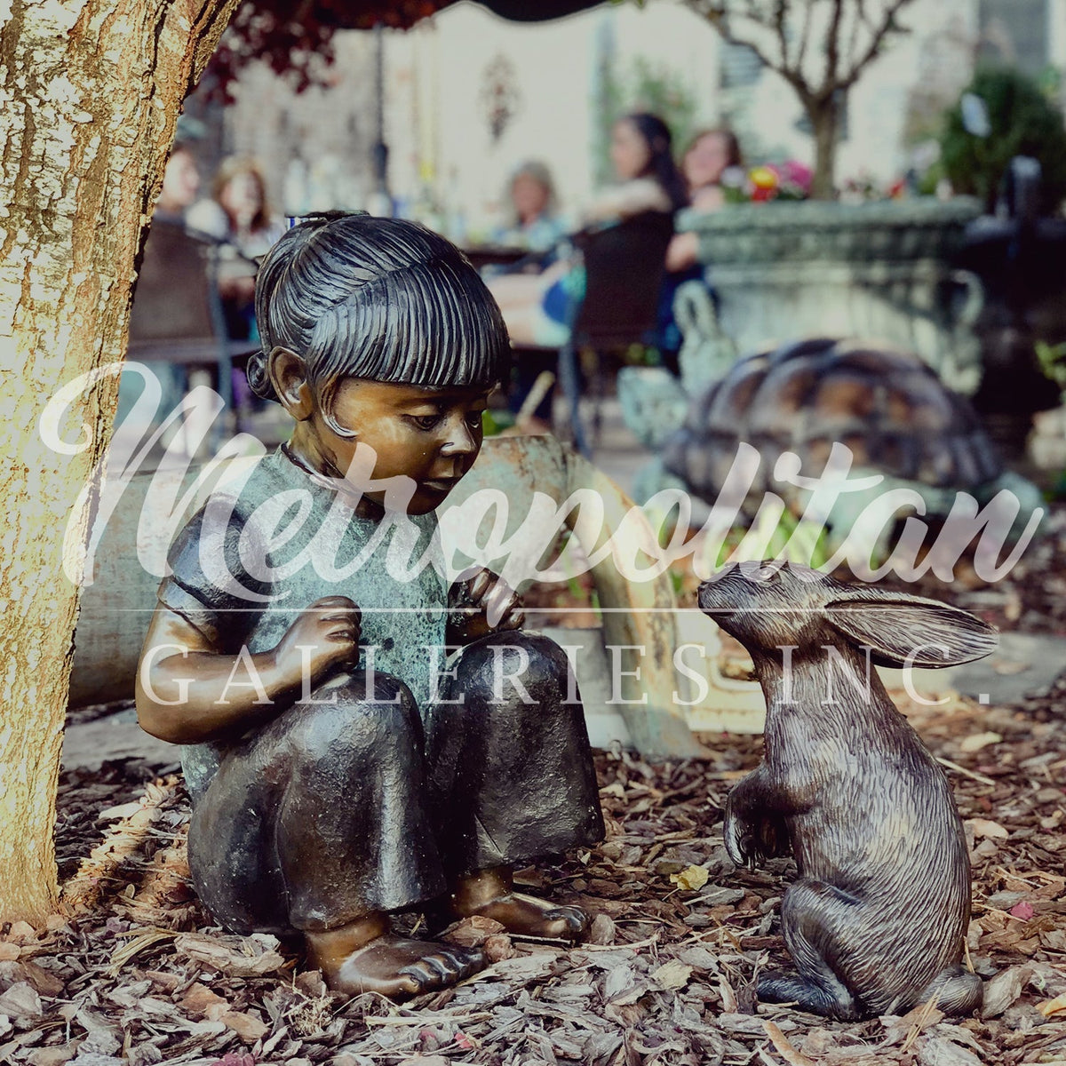 Kneeling Girl with Bunny Rabbit Bronze Statue