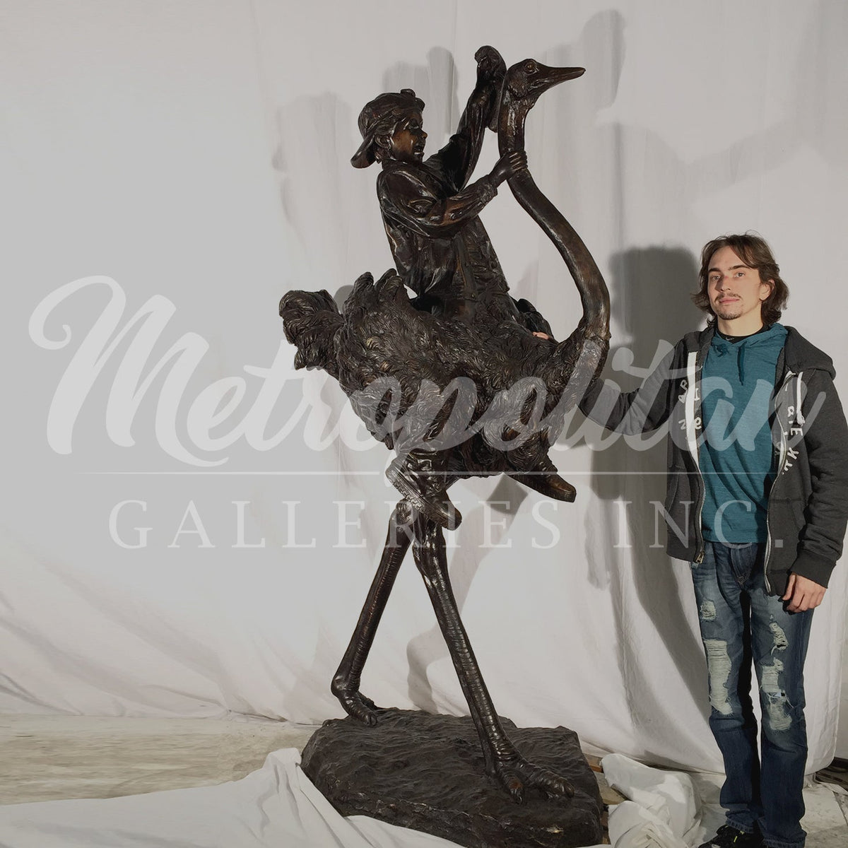 Boy Riding Ostrich Bronze Statue
