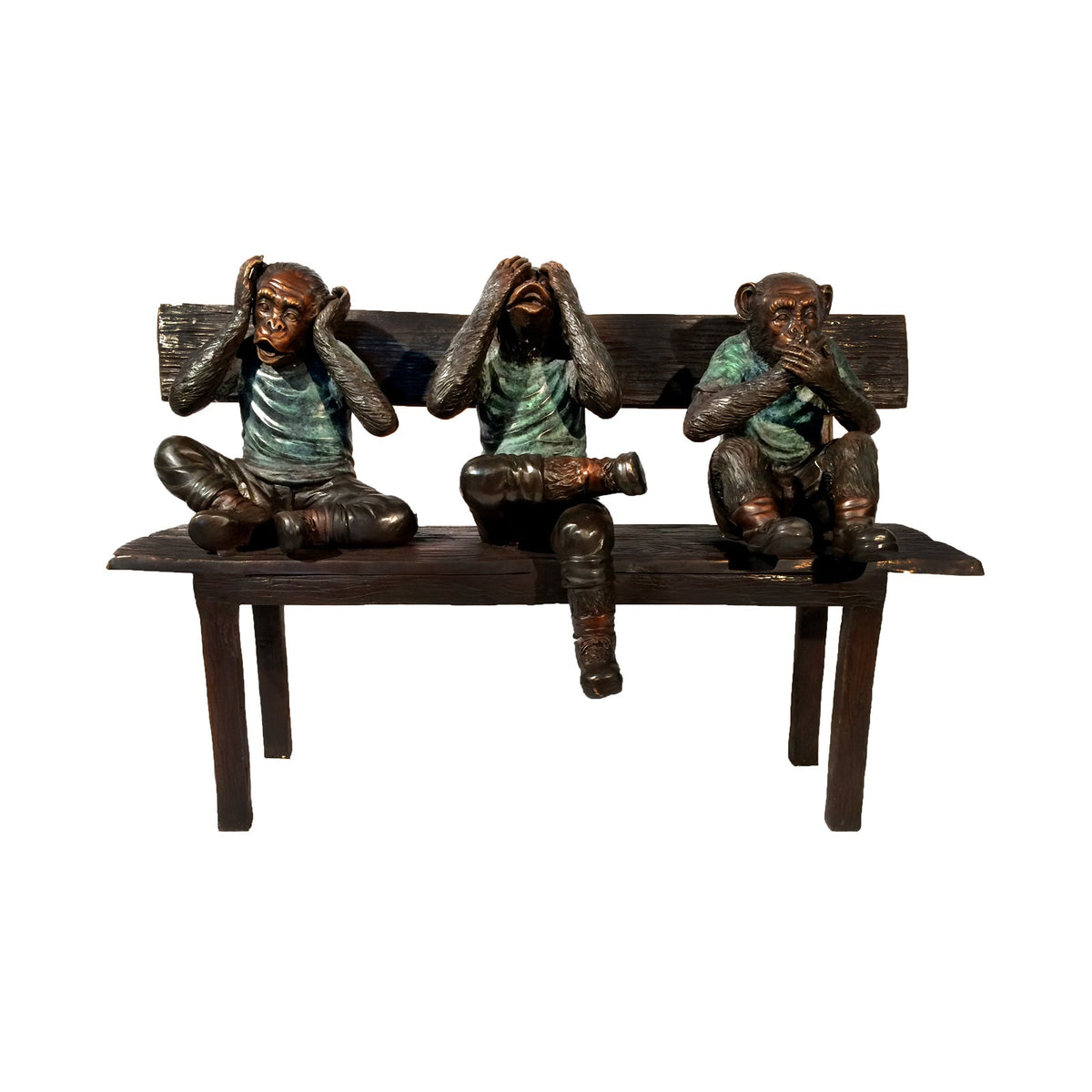 Three Wise Monkeys Sitting on Bench Bronze Statue