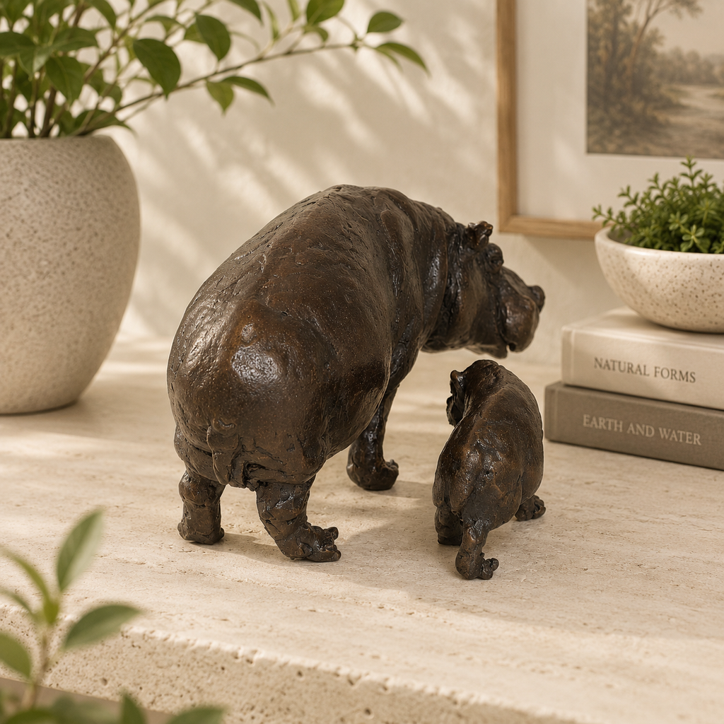 Forge and Forms Bronze Sculpture Hippopotamus Mother and Baby