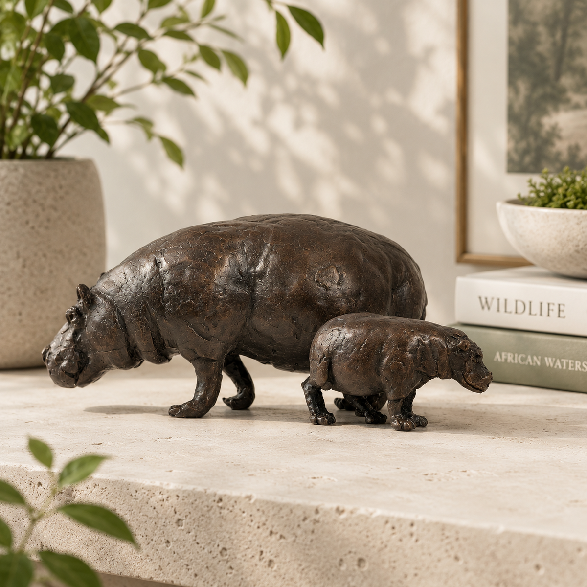 Forge and Forms Bronze Sculpture Hippopotamus Mother and Baby