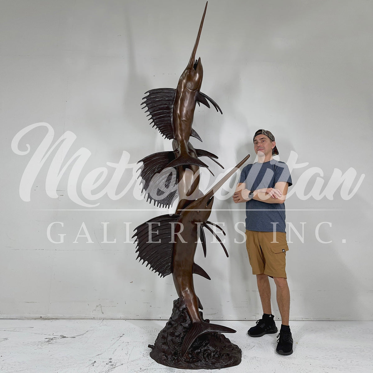 Swimming Sailfish Trio Fountain Bronze Statue