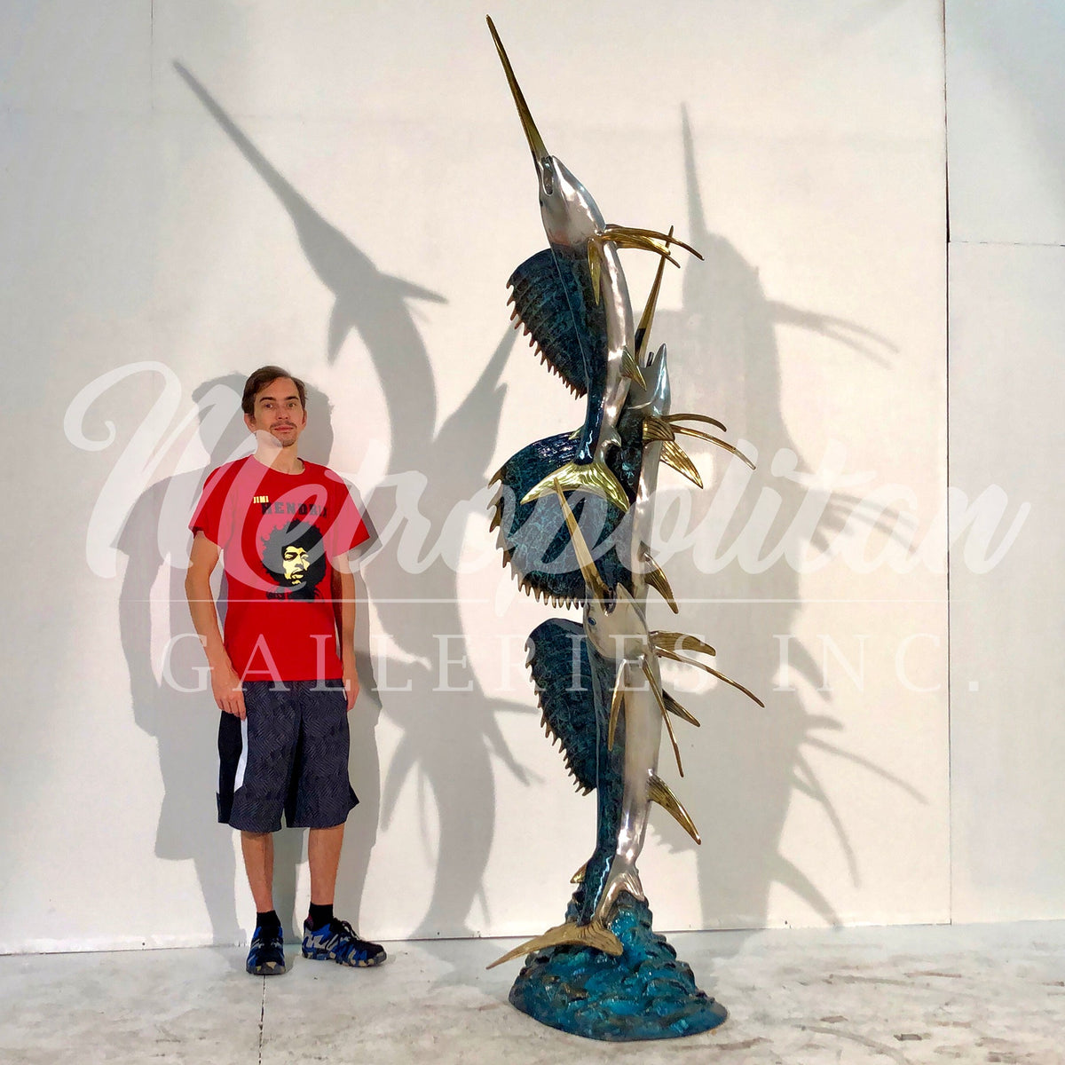 Swimming Sailfish Trio Fountain Bronze Statue in Color Finish