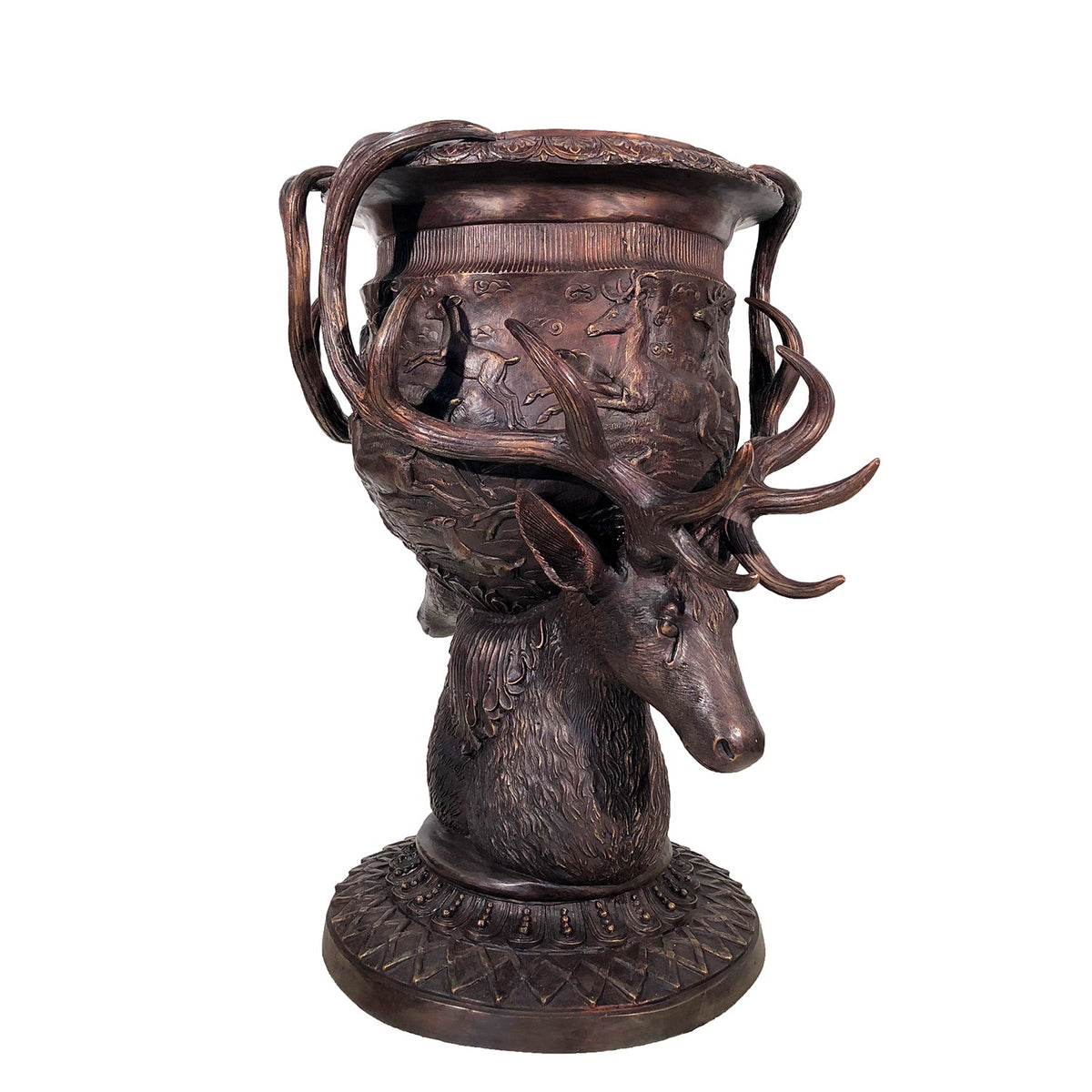 Large Deer Head Bronze Planter Urn Pair