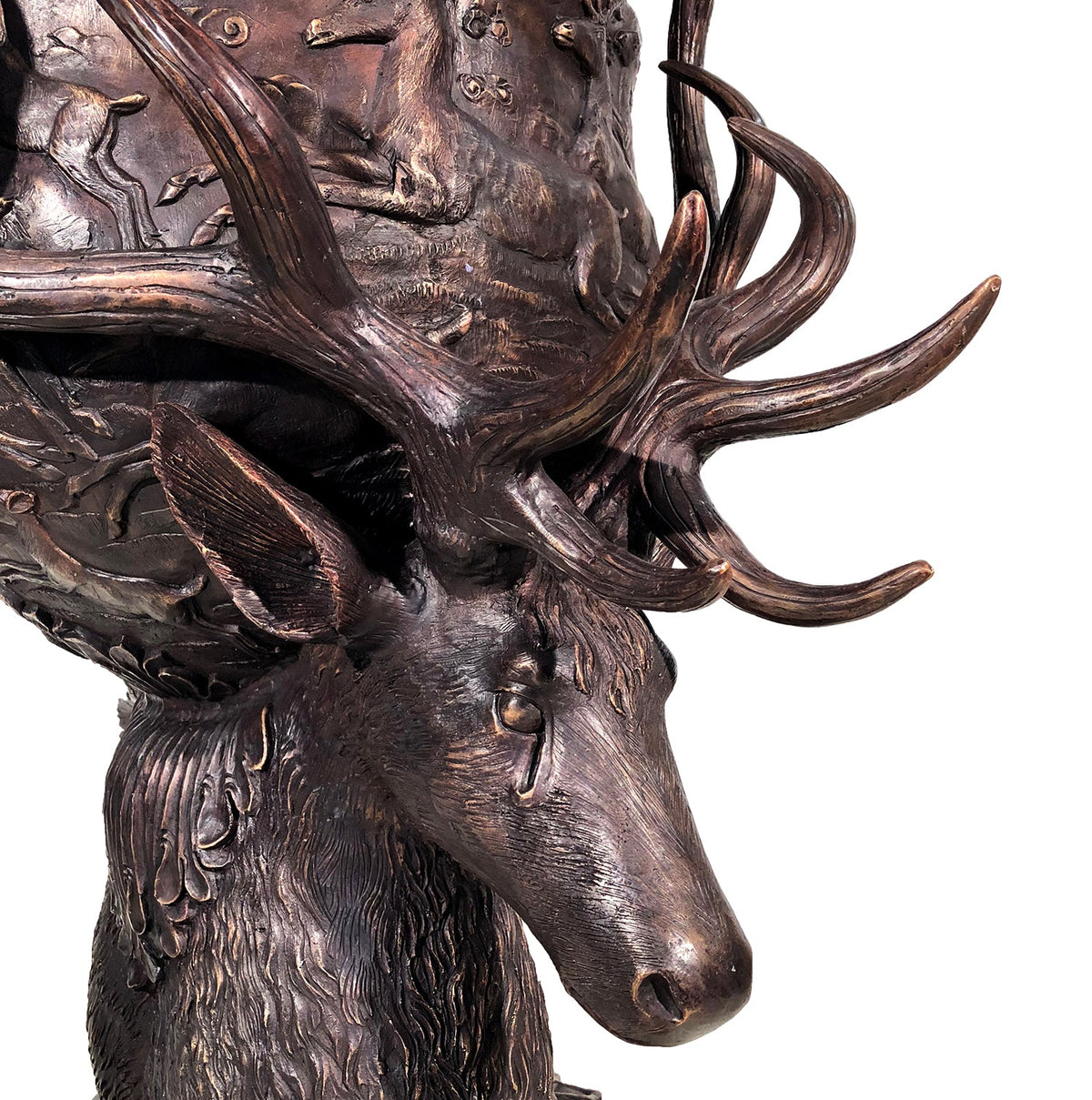 Large Deer Head Bronze Planter Urn Pair