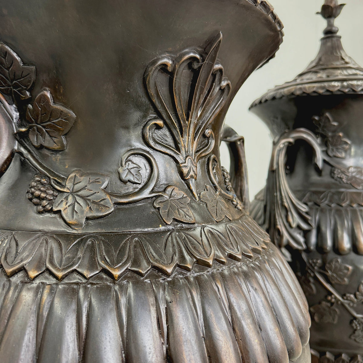 Classical Bronze Planter Urn with Lid Pair
