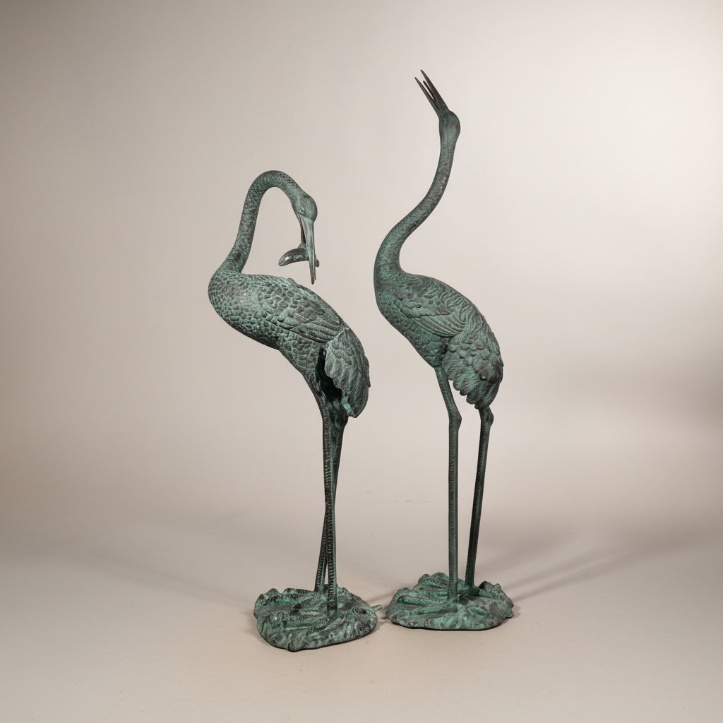 Standing Crane Bird Bronze Fountain Statue Set