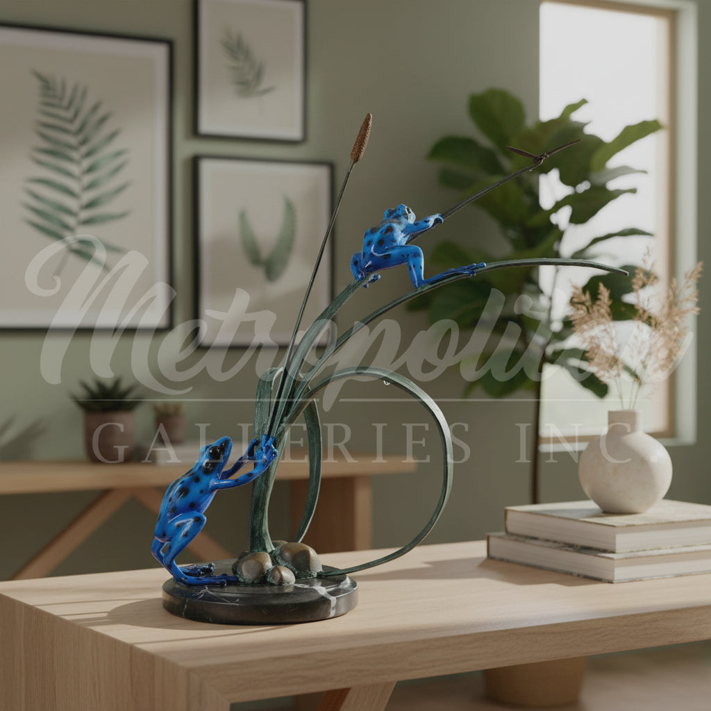 Frogs & Dragonfly on Grass Table-top Bronze Statue