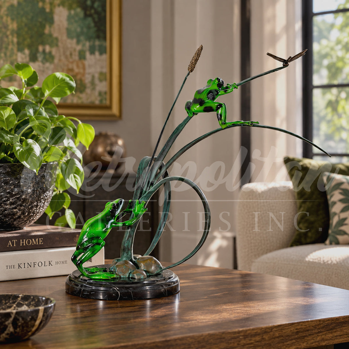 Frogs & Dragonfly on Grass Table-top Bronze Statue