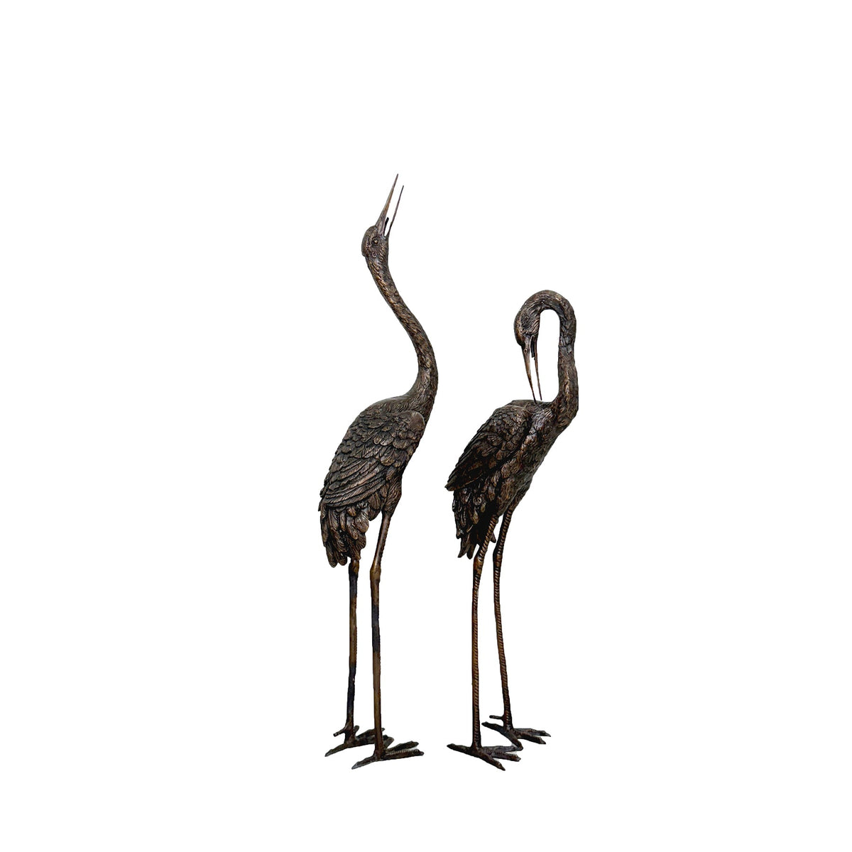 Small Standing Crane Bird Bronze Statue Set