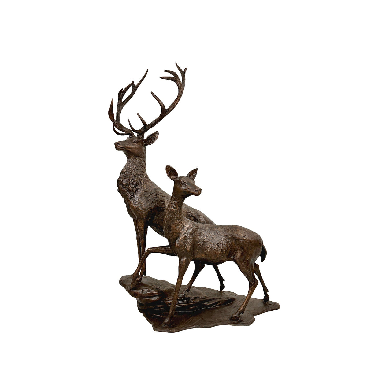 Buck & Doe on Rock Bronze Sculpture