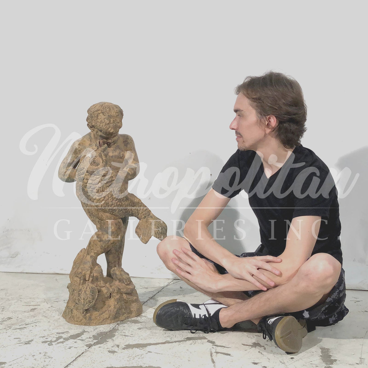 Putto holding Fish Bronze Fountain Statue