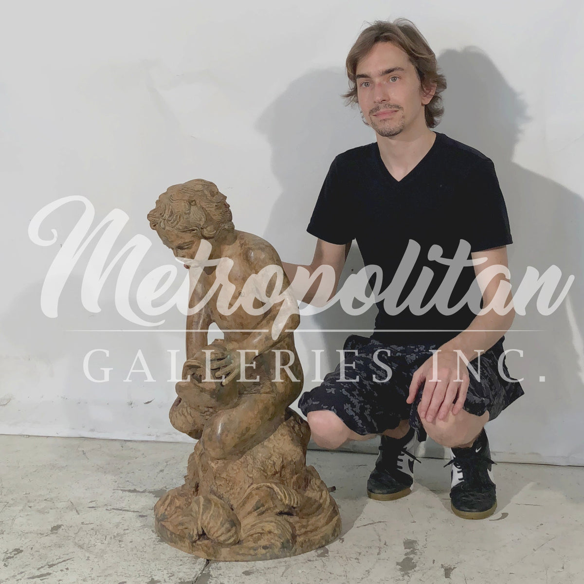Kneeling Putto holding Fish Fountain Bronze Statue